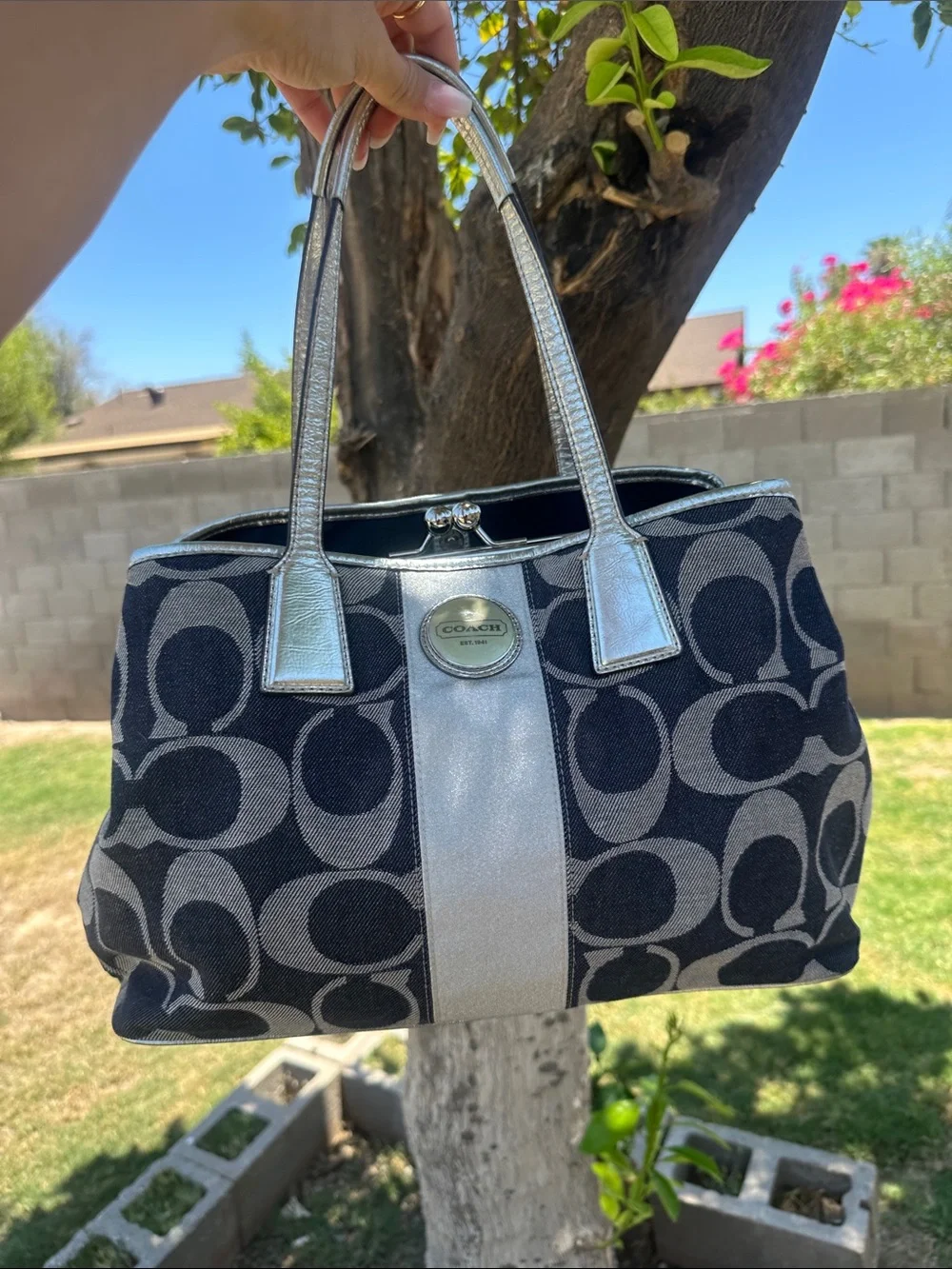 Coach Navy and Metallic Gold Signature Tote